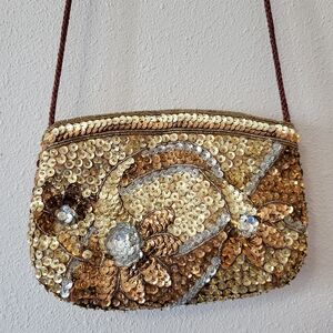 Sequined Floral Evening Clutch Bag - Gold And Two Sets Of Gloves